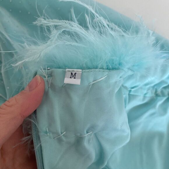 Vintage Turquoise Blue Formal Maxi Dress with Sparkles,Train, and Feathers - Picture 11 of 13